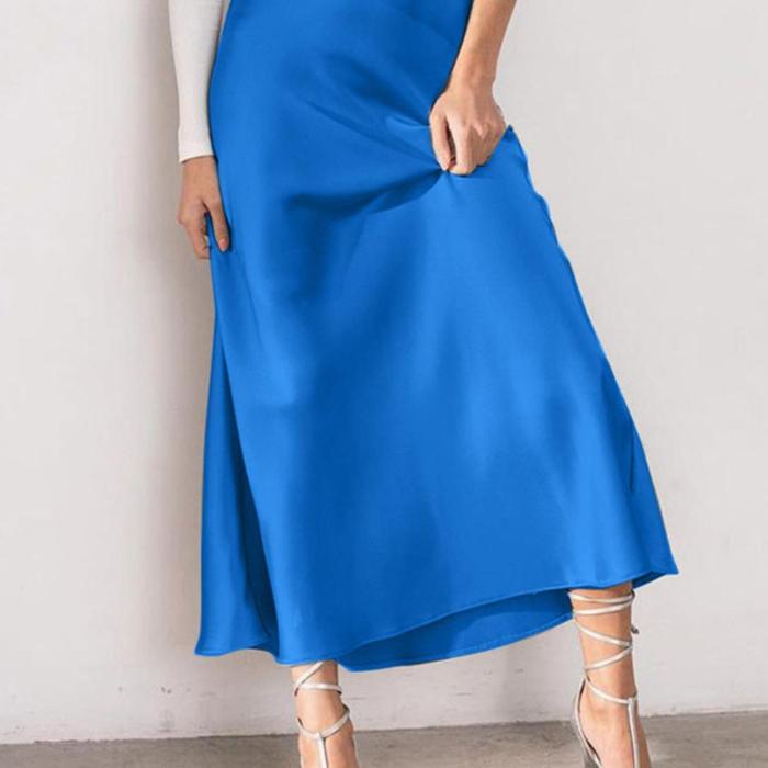 Women Elegant Faux Satin Back Elastic Waist Side Zipper Simple Evening Party All-match Baggy Thin Midi Skirt Commuter Office Daily Skirt