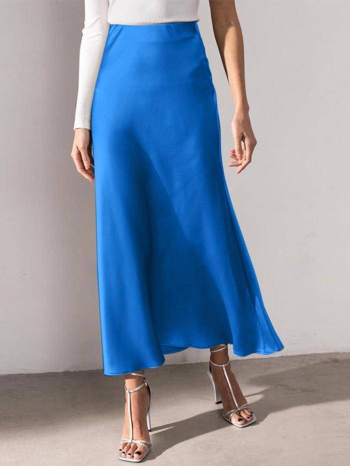 Women Elegant Faux Satin Back Elastic Waist Side Zipper Simple Evening Party All-match Baggy Thin Midi Skirt Commuter Office Daily Skirt