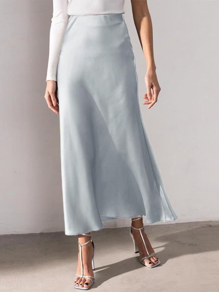 Women Elegant Faux Satin Back Elastic Waist Side Zipper Simple Evening Party All-match Baggy Thin Midi Skirt Commuter Office Daily Skirt