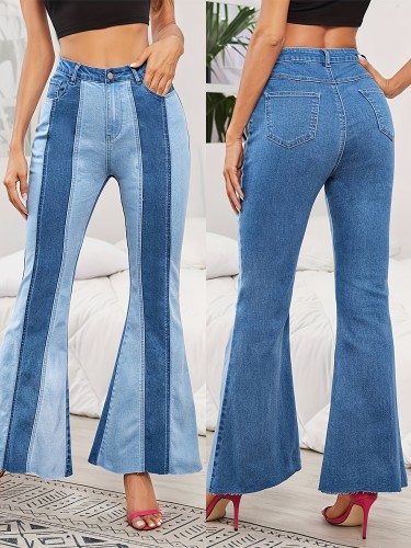 Autumn And Winter New Women'S Striped Splicing Color Flared Pants Temperament Commuter Elastic Mid-waist Jeans Slim Slim Fashion Casual Pants