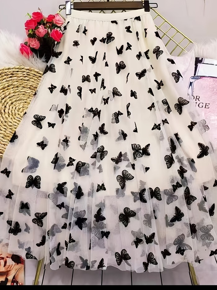 Floral Mesh Maxi Skirt for Women, High-Waisted And Slimming, Featuring Butterfly Patterns, Mid-Length Tulle Skirt, Versatile A-Line Lace Design.