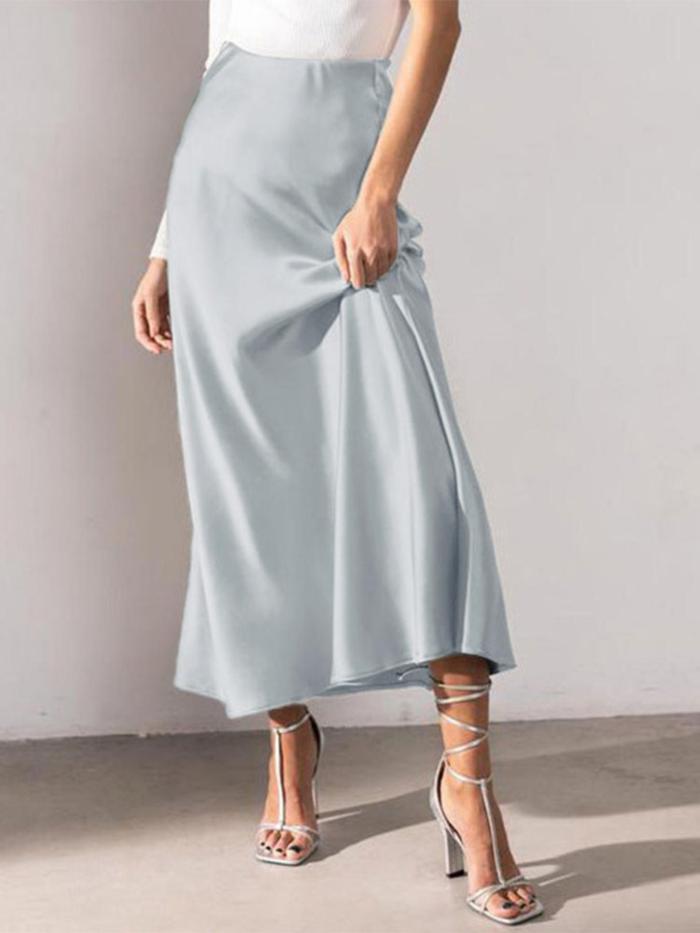 Women Elegant Faux Satin Back Elastic Waist Side Zipper Simple Evening Party All-match Baggy Thin Midi Skirt Commuter Office Daily Skirt