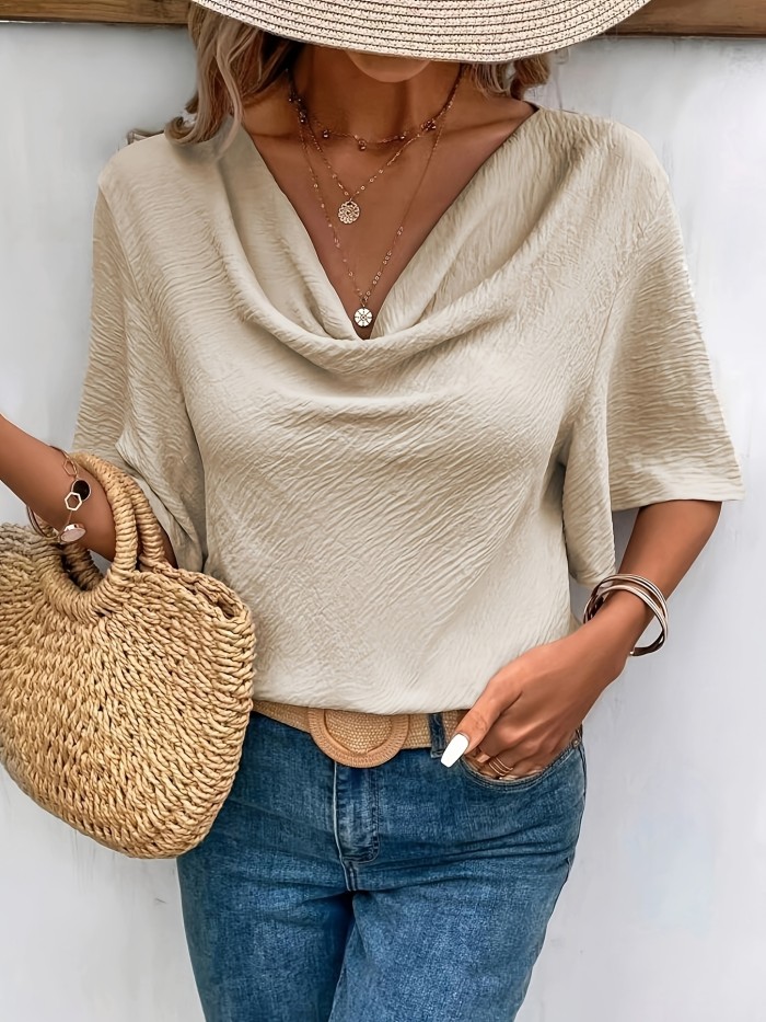 1pc Women'S Casual Polyester Blouse with Butterfly Sleeves and Drape Neck - Solid Color Woven Top for Spring\u002FSummer, 95% Polyester 5% Spandex