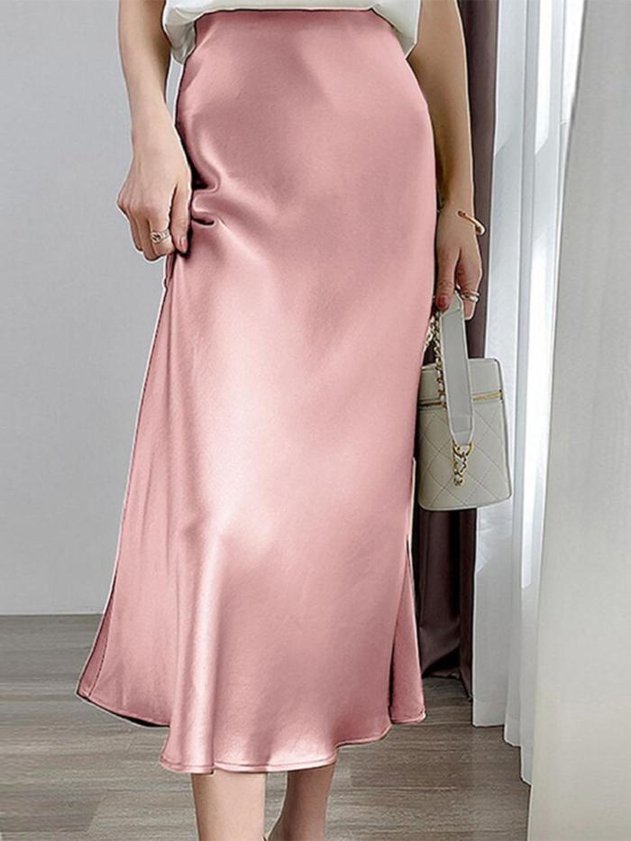 Women Elegant Faux Satin Back Elastic Waist Side Zipper Simple Evening Party All-match Baggy Thin Midi Skirt Commuter Office Daily Skirt
