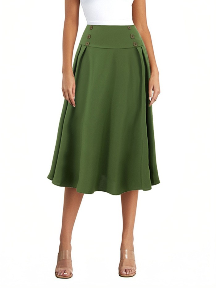 Plus Size Elegant Midi Skirt for Women - High Waist, A-Line Swing, Solid Green with Decorative Buttons, Polyester, Machine Washable - Perfect for Work or Casual Wear, Plus Size Skirts