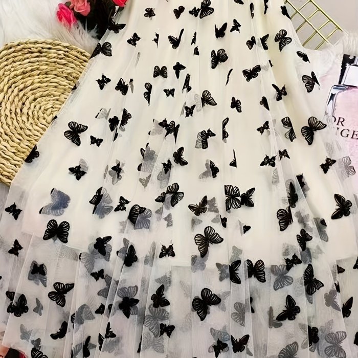 Floral Mesh Maxi Skirt for Women, High-Waisted And Slimming, Featuring Butterfly Patterns, Mid-Length Tulle Skirt, Versatile A-Line Lace Design.