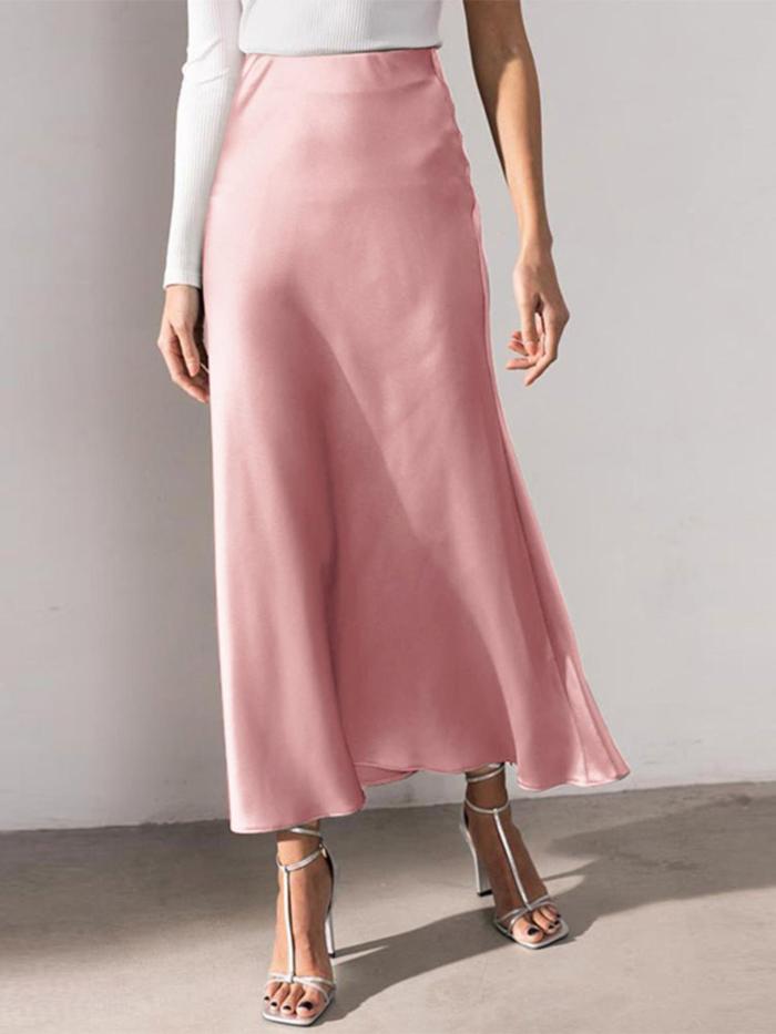 Women Elegant Faux Satin Back Elastic Waist Side Zipper Simple Evening Party All-match Baggy Thin Midi Skirt Commuter Office Daily Skirt