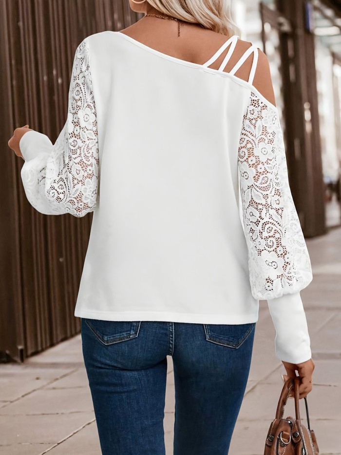 Elegant Asymmetrical Neck Long Sleeve Knit Top, Solid Color Polyester 95% Spandex 5% Blend, Contrast Lace Detail, Regular Fit Pullover for Women, All Season Casual Weekend Wear