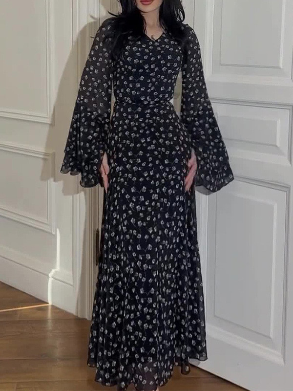 Elegant Print Lotus Sleeves Dress