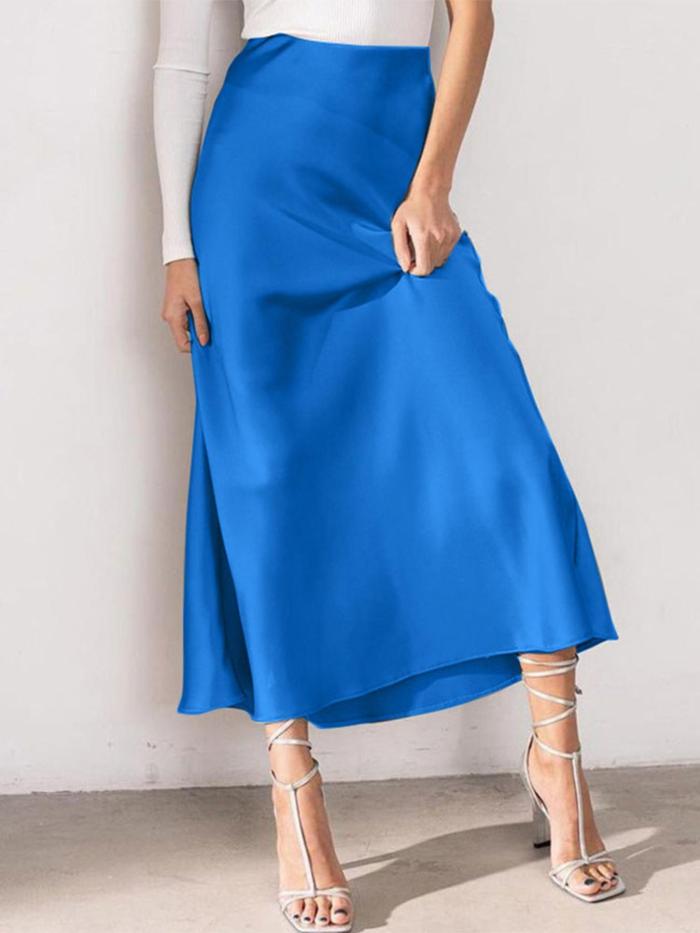 Women Elegant Faux Satin Back Elastic Waist Side Zipper Simple Evening Party All-match Baggy Thin Midi Skirt Commuter Office Daily Skirt