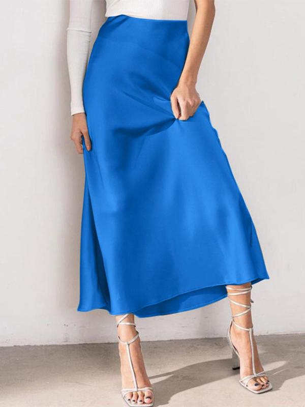Women Elegant Faux Satin Back Elastic Waist Side Zipper Simple Evening Party All-match Baggy Thin Midi Skirt Commuter Office Daily Skirt