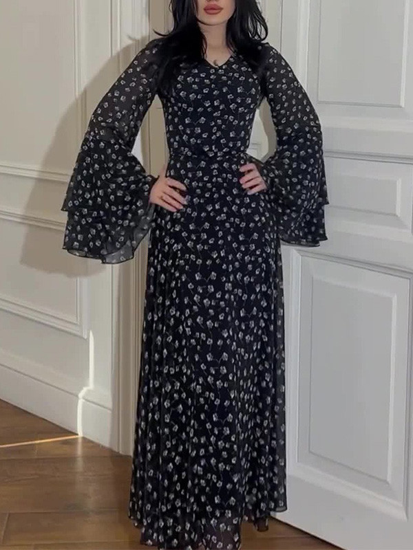 Elegant Print Lotus Sleeves Dress