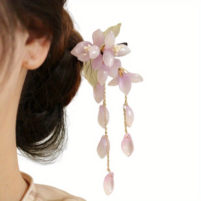 1pc Elegant Vintage Magnolia & Wisteria Flower Hairpin with Tassel - Traditional Chinese Style, Wooden Floral Hair Clip for Cheongsam, Hanbok & Tea Costumes, Purple & White