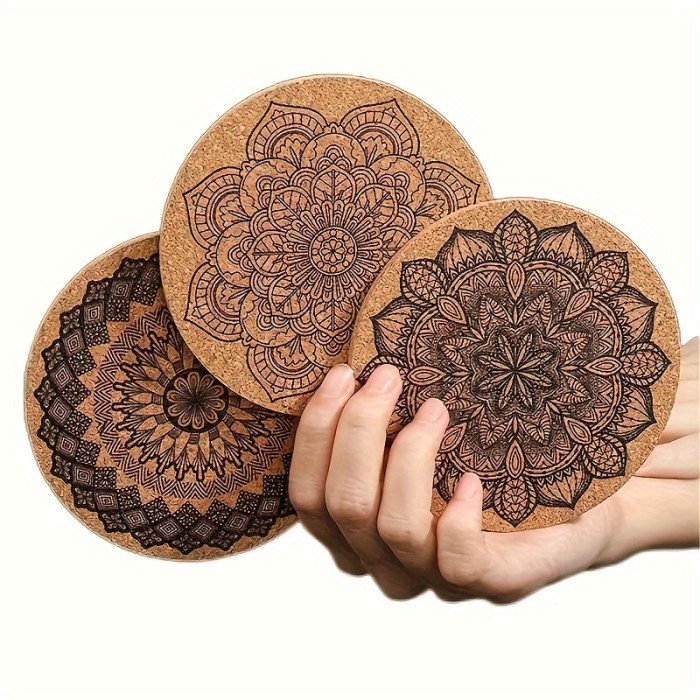 12pcs Cork Coasters with Holder - Round, Floral Design | Non-Slip, Heat-Resistant Table Mats for Dining & Living Room Decor