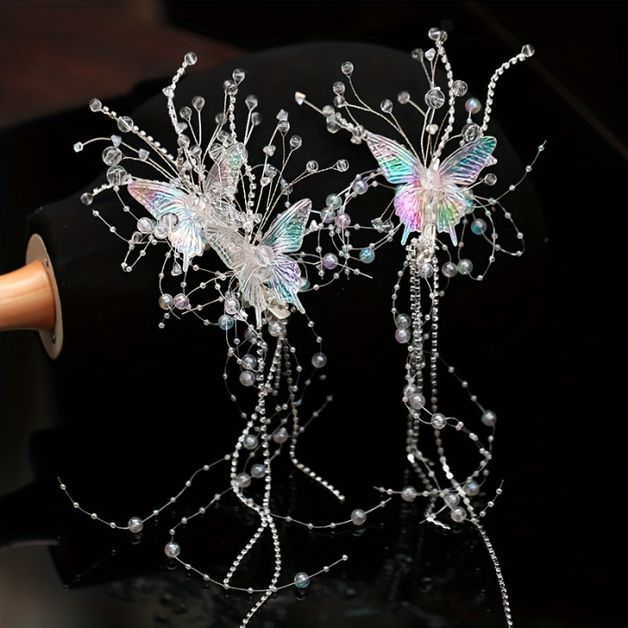 2pcs Elegant Crystal Bridal Headpiece Set, Korean Senmisen Style Alloy Hair Accessories, Non-Feathered Silk Tassel Hairpin for Wedding