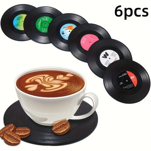6pcs YUHUPHYLLIC Vintage Record Coasters, Retro Vinyl CD Placemat, Plastic Anti-Slip Thermal Insulation Pads for Coffee Bar, Machine Record Design, Decorative Retro Style Drink Mats