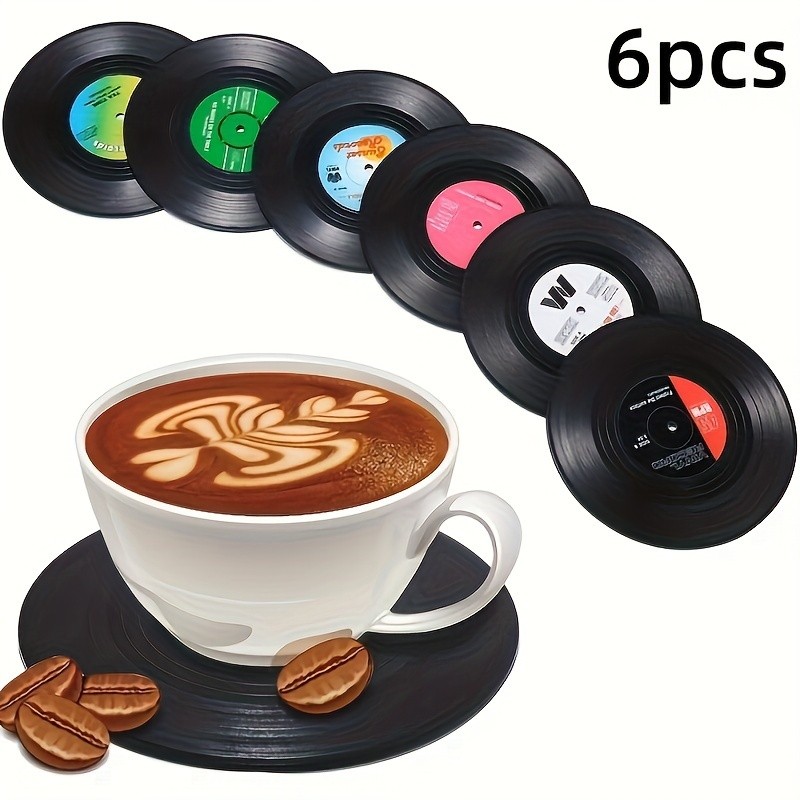 6pcs YUHUPHYLLIC Vintage Record Coasters, Retro Vinyl CD Placemat, Plastic Anti-Slip Thermal Insulation Pads for Coffee Bar, Machine Record Design, Decorative Retro Style Drink Mats
