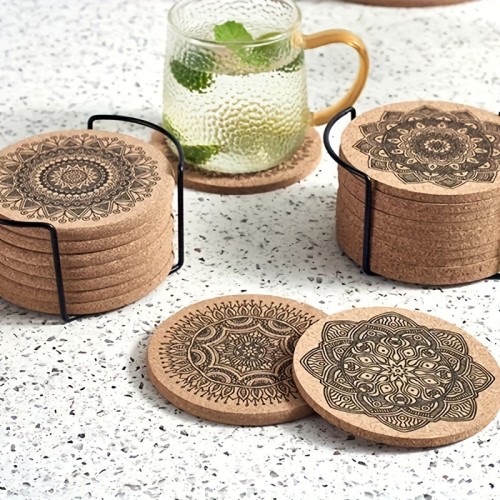 12pcs Cork Coasters with Holder - Round, Floral Design | Non-Slip, Heat-Resistant Table Mats for Dining & Living Room Decor