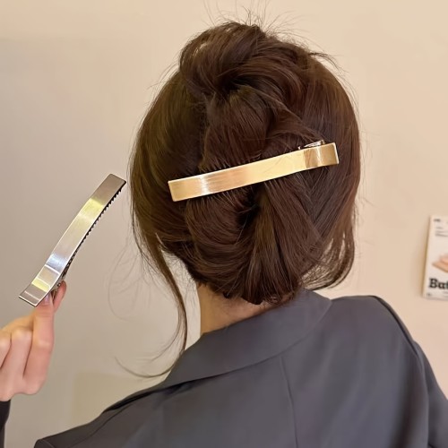 Boho-Chic Large Metal Hair Clip - Silvery & Gun Black, Duckbill Design for Stylish Side & Bangs Hold