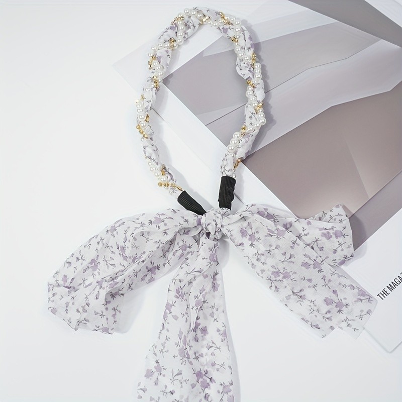 1pc Elegant Floral Ribbon Bowknot Decorative Hair Band Retro Faux Pearl Hair Barrette Trendy Hair Accessories For Women And daily use