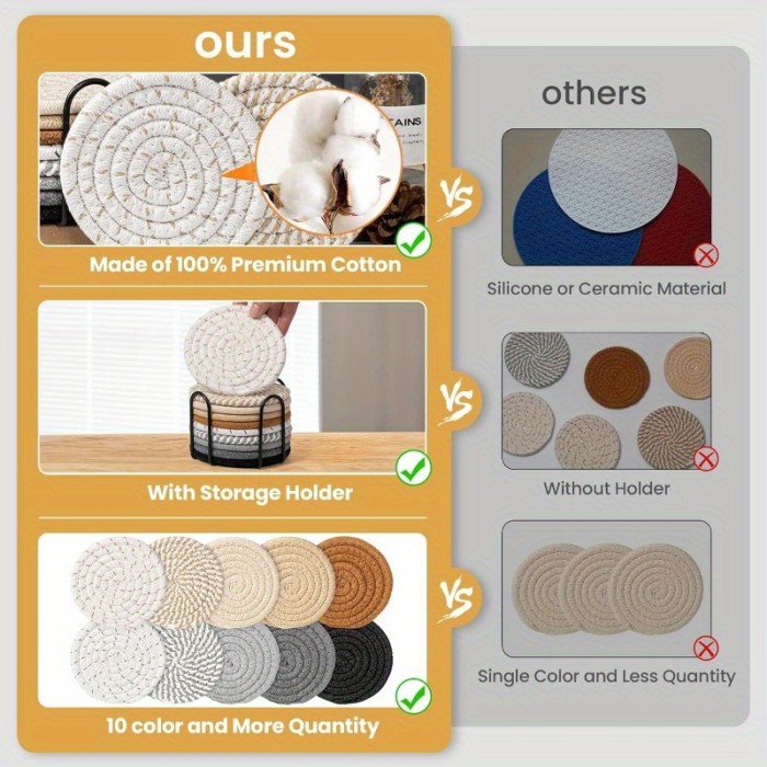 Absorbent Beverage Coaster Set with Stand, Minimalist Woven Coasters for Coffee Table, Home Decor and Tabletop Protection, 4pcs\u002F8pcs, Coaster Set