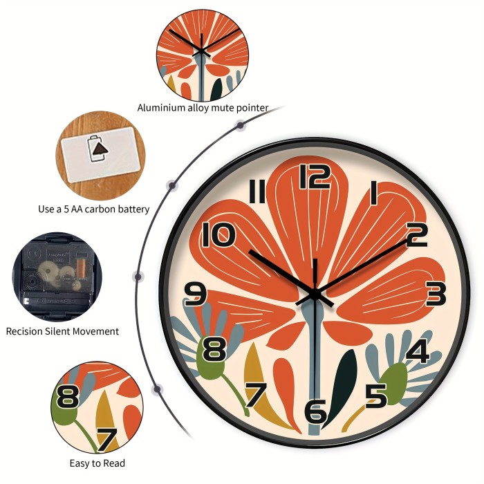 Silent Round Plastic Japanese-Quartz Flower Wall Clock - Modern Abstract Art Design Decorative Non-Ticking Floral Theme for Living Room, Bedroom, Kitchen, Office - AA Battery Not Included