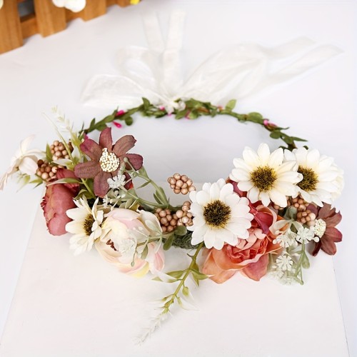 Elegant Bohemian Floral Wreath Headpiece - Handcrafted, Feather-Free Hair Accessory with Daisies, Roses & Mixed Flowers - Ideal for Bridal, Festival & Photoshoot Outfits