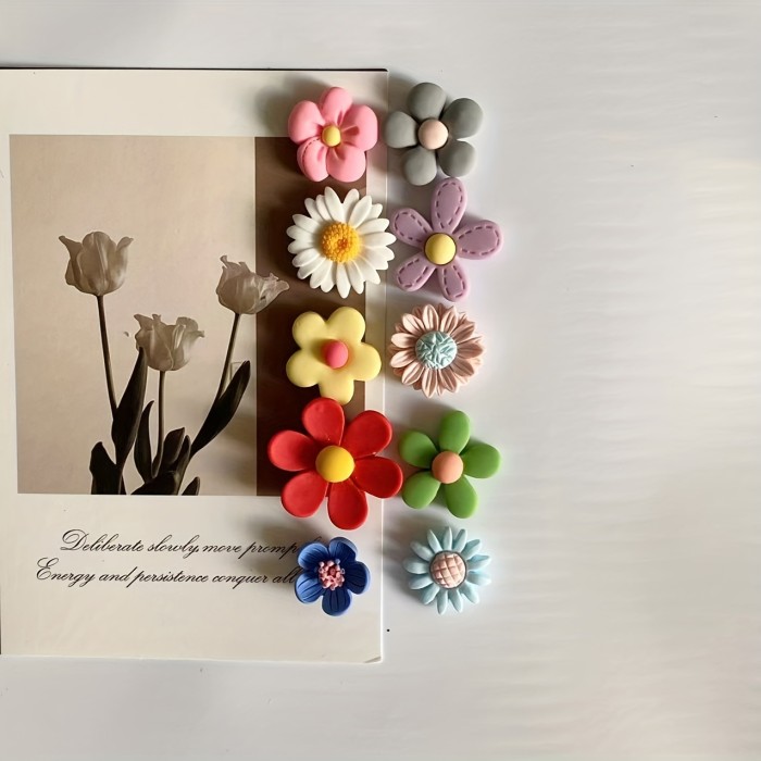 10pcs Mixed Color Flower Magnets, ABS Material, Oval Shape, Fixed Message Refrigerator Magnets for Home Decor