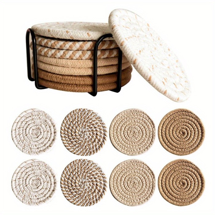 Absorbent Beverage Coaster Set with Stand, Minimalist Woven Coasters for Coffee Table, Home Decor and Tabletop Protection, 4pcs\u002F8pcs, Coaster Set
