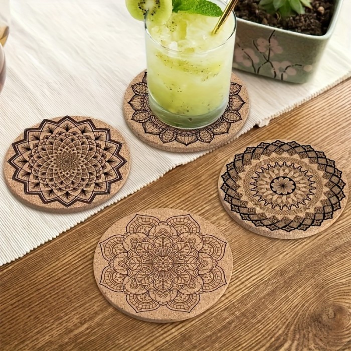 12pcs Cork Coasters with Holder - Round, Floral Design | Non-Slip, Heat-Resistant Table Mats for Dining & Living Room Decor