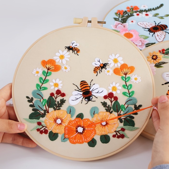 5-Set Deluxe Embroidery Kit - Includes 1 Large 7.9 Inch Embroidery Hoop, Honeybee and Flowers Designs, Perfect for Beginners and Experienced Crafters