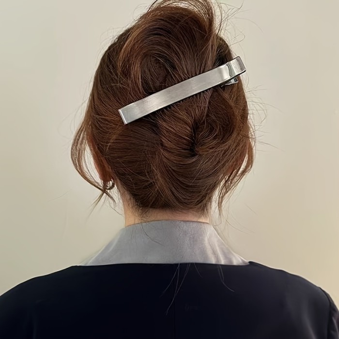 Boho-Chic Large Metal Hair Clip - Silvery & Gun Black, Duckbill Design for Stylish Side & Bangs Hold