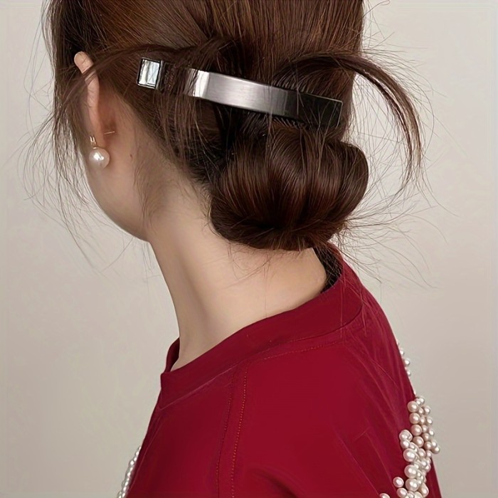 Boho-Chic Large Metal Hair Clip - Silvery & Gun Black, Duckbill Design for Stylish Side & Bangs Hold