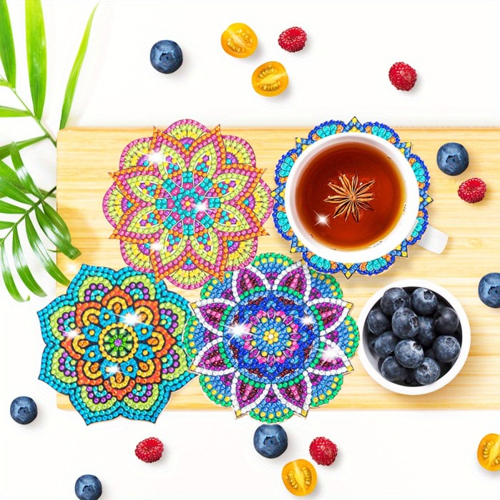 DIY Diamonds Painting Coaster with Rack Woodiness Rhinestones Cup Pad Non-slip 6pcs Fashion Art Crafts Handmade Sparkly Kitchen Accessories