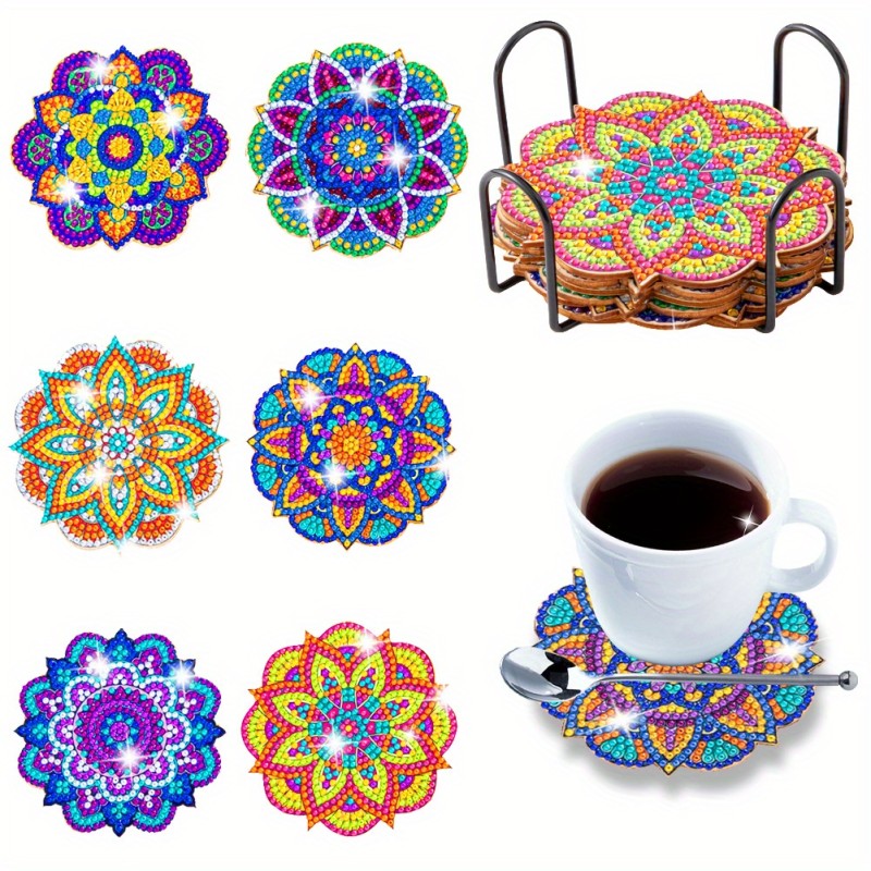 DIY Diamonds Painting Coaster with Rack Woodiness Rhinestones Cup Pad Non-slip 6pcs Fashion Art Crafts Handmade Sparkly Kitchen Accessories