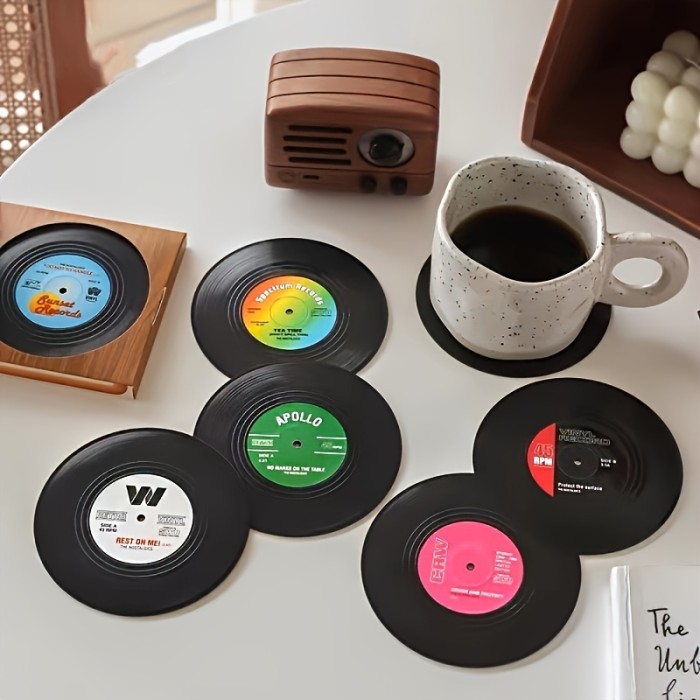 6pcs YUHUPHYLLIC Vintage Record Coasters, Retro Vinyl CD Placemat, Plastic Anti-Slip Thermal Insulation Pads for Coffee Bar, Machine Record Design, Decorative Retro Style Drink Mats