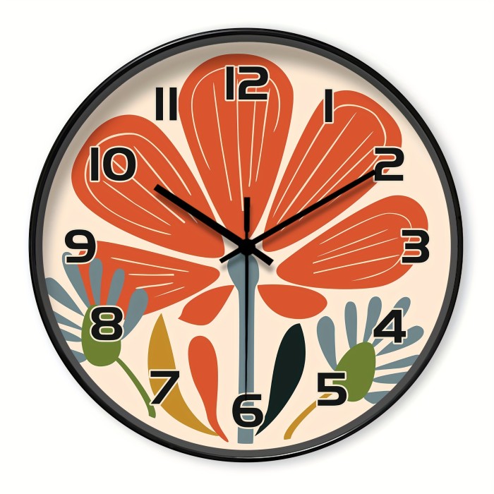 Silent Round Plastic Japanese-Quartz Flower Wall Clock - Modern Abstract Art Design Decorative Non-Ticking Floral Theme for Living Room, Bedroom, Kitchen, Office - AA Battery Not Included