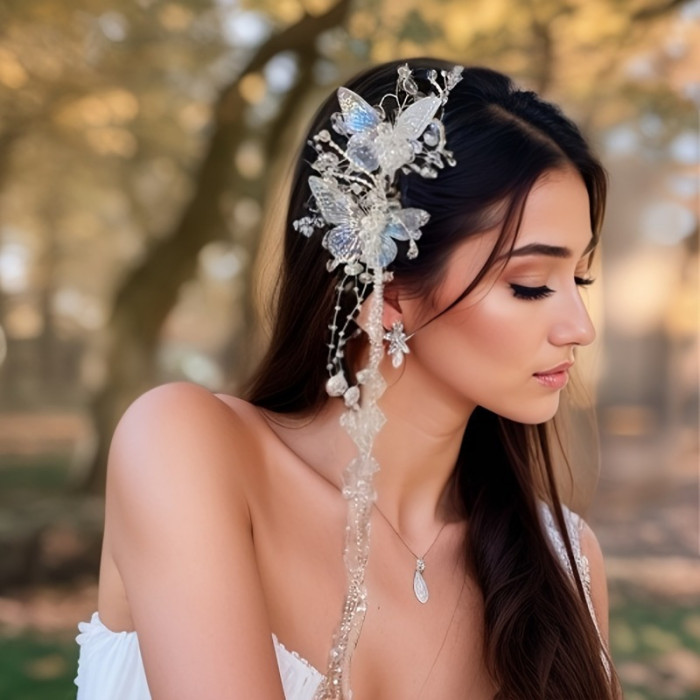 2pcs Elegant Crystal Bridal Headpiece Set, Korean Senmisen Style Alloy Hair Accessories, Non-Feathered Silk Tassel Hairpin for Wedding