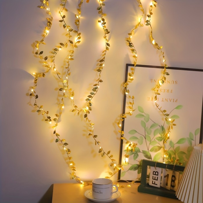 1pc 78.74inch 20led Simulation Golden Leaf Decoration String Lights, Birthday Party Ramadan Christmas Festival Decoration String Lights (Battery Not Included)