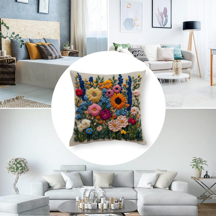 2-Pack Modern Embroidered Floral Throw Pillow Covers, Machine Washable, Zippered Polyester Cushion Cases for Living Room Sofa and Bedroom Decor, Woven, White - No Insert Included