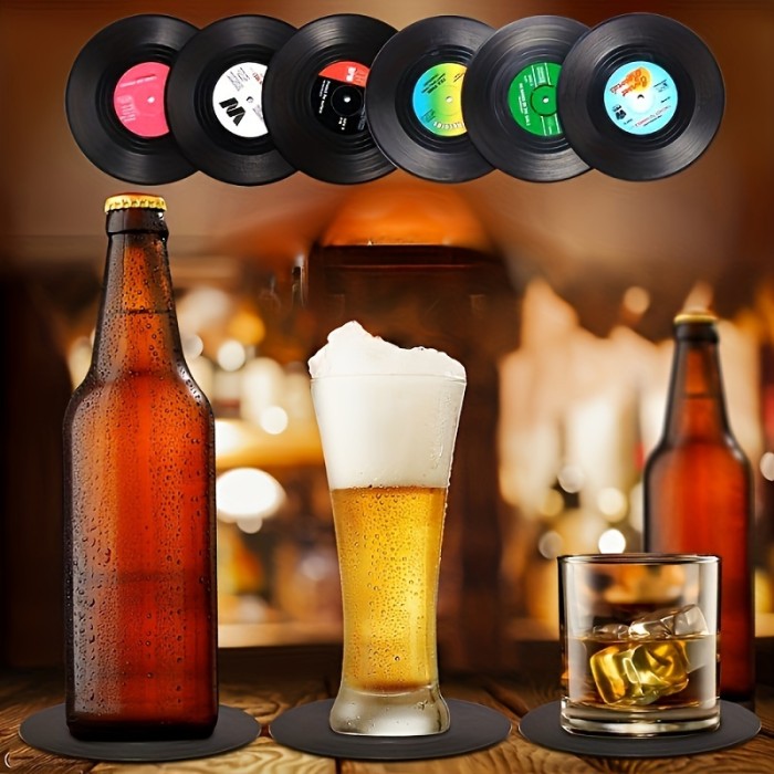 6pcs YUHUPHYLLIC Vintage Record Coasters, Retro Vinyl CD Placemat, Plastic Anti-Slip Thermal Insulation Pads for Coffee Bar, Machine Record Design, Decorative Retro Style Drink Mats