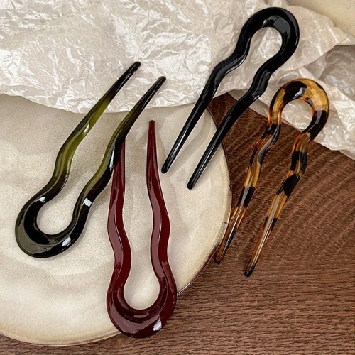 Single Elegant U-Shaped Hair Fork Elegant Geometric U-Shaped Hair Fork, Fashion Resin Hair Clip, Multi-Color Print, Plastic, Single Piece, Hair Styling Accessory for Girls, Hair Barrette for Updos