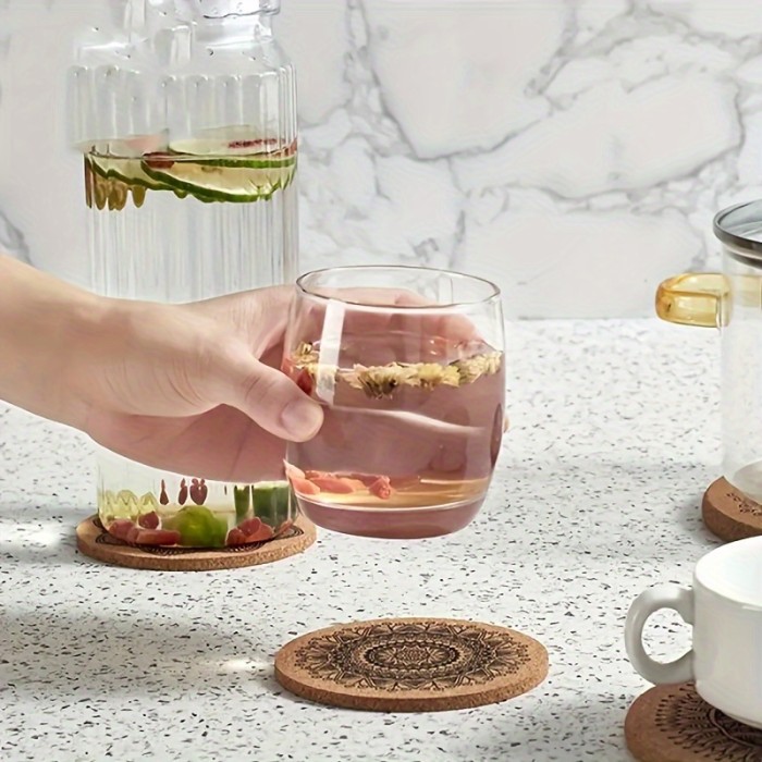 12pcs Cork Coasters with Holder - Round, Floral Design | Non-Slip, Heat-Resistant Table Mats for Dining & Living Room Decor