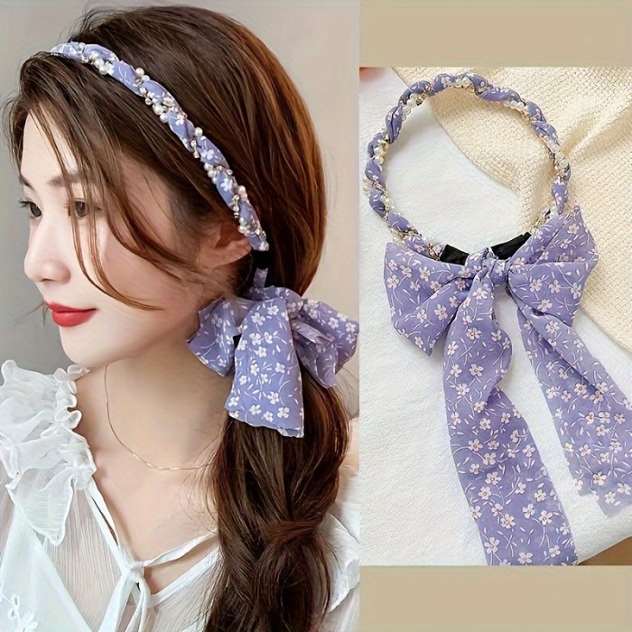 1pc Elegant Floral Ribbon Bowknot Decorative Hair Band Retro Faux Pearl Hair Barrette Trendy Hair Accessories For Women And daily use