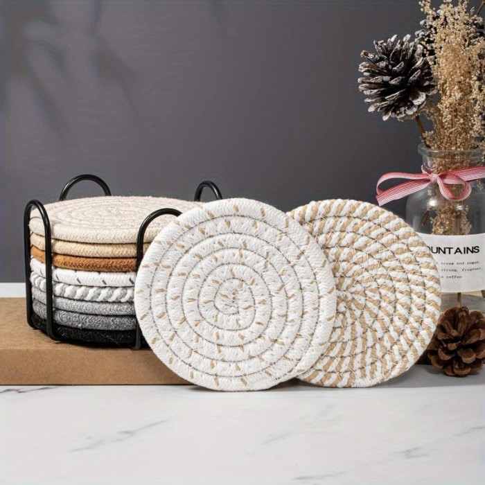 Absorbent Beverage Coaster Set with Stand, Minimalist Woven Coasters for Coffee Table, Home Decor and Tabletop Protection, 4pcs\u002F8pcs, Coaster Set