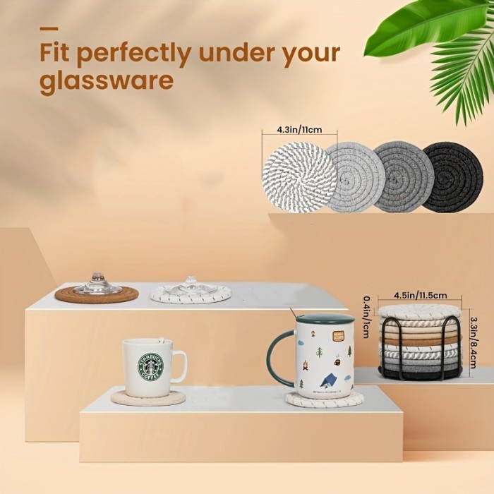 Absorbent Beverage Coaster Set with Stand, Minimalist Woven Coasters for Coffee Table, Home Decor and Tabletop Protection, 4pcs\u002F8pcs, Coaster Set