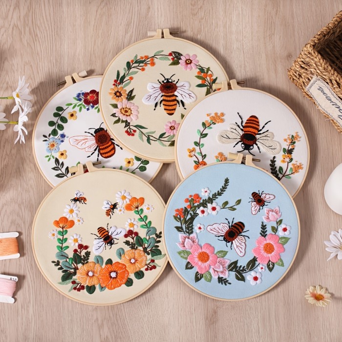 5-Set Deluxe Embroidery Kit - Includes 1 Large 7.9 Inch Embroidery Hoop, Honeybee and Flowers Designs, Perfect for Beginners and Experienced Crafters