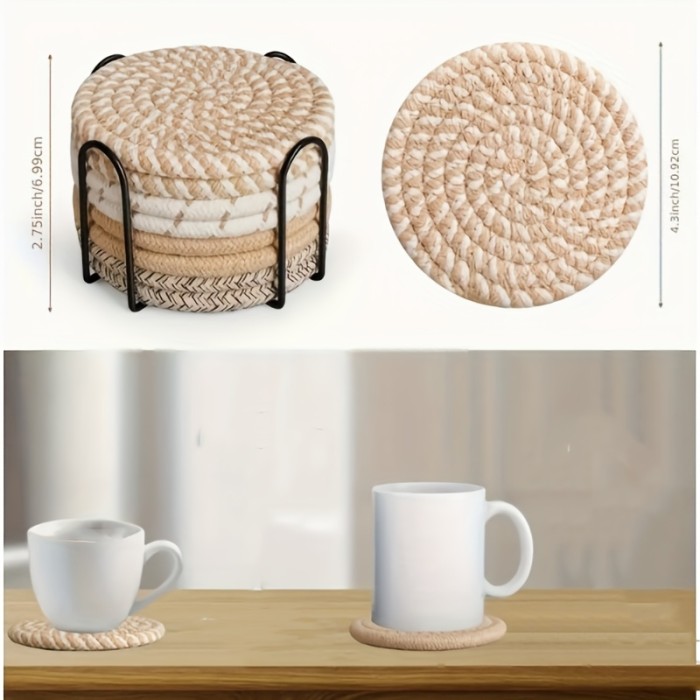 Absorbent Beverage Coaster Set with Stand, Minimalist Woven Coasters for Coffee Table, Home Decor and Tabletop Protection, 4pcs\u002F8pcs, Coaster Set
