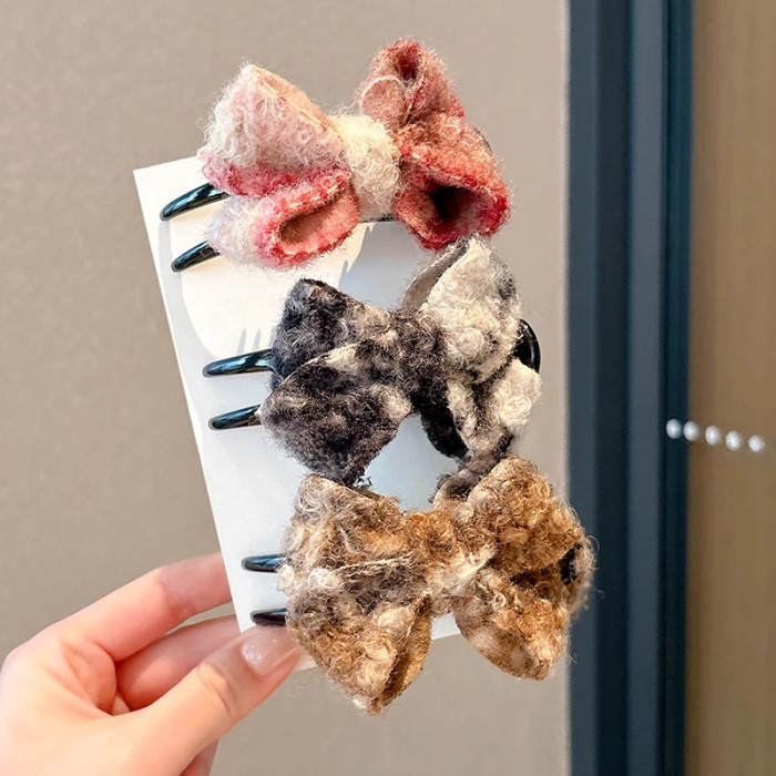 2\u002F3pcs Elegant Minimalist Acrylic Bow Hair Clips Set, Mixed Color Plush Bowknot Hairpins, Autumn Winter Hair Accessories for Women, Middle Size Shark Clips