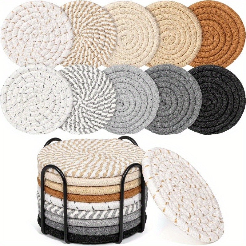 Absorbent Beverage Coaster Set with Stand, Minimalist Woven Coasters for Coffee Table, Home Decor and Tabletop Protection, 4pcs\u002F8pcs, Coaster Set